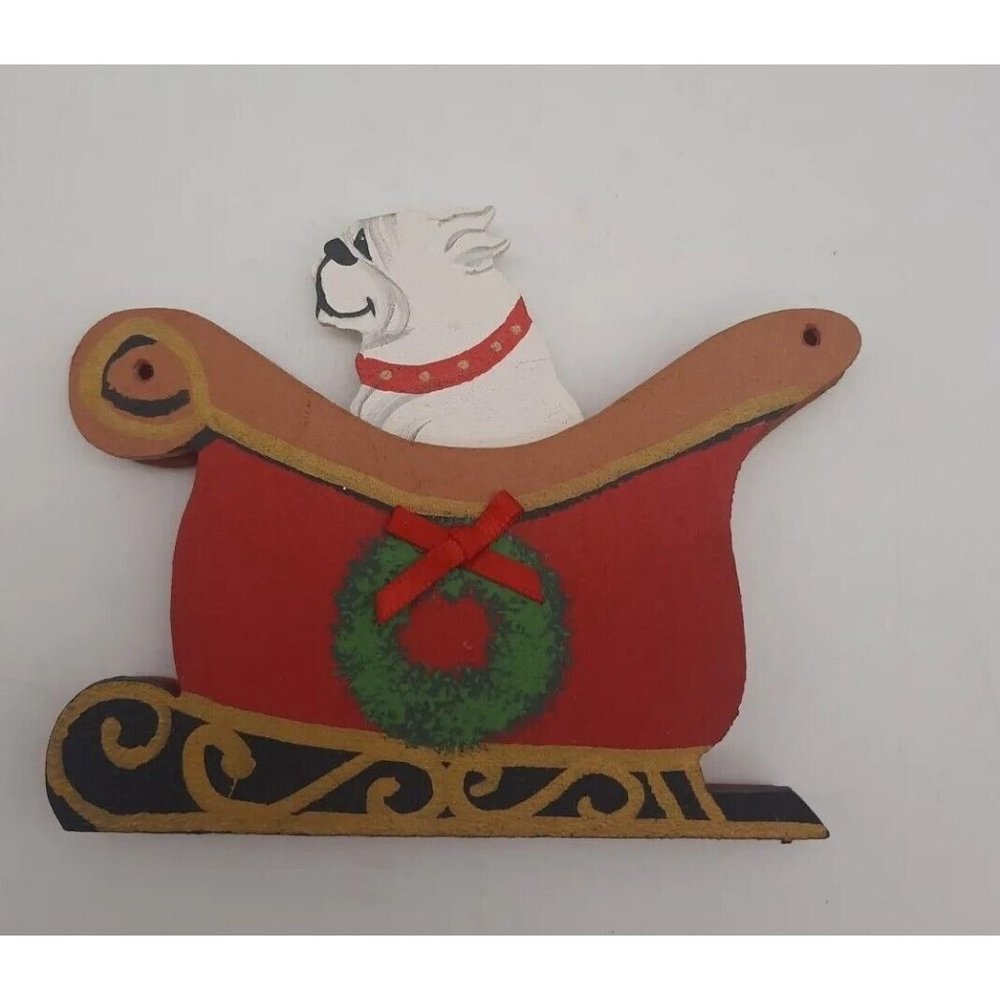 Bulldog Dandy Wooden Painted 3-D Christmas Tree Ornament Sleigh